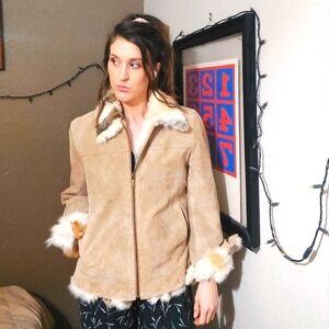 Vintage 90's Suede Leather Rabbit Fur Jacket ☆ Women's Size Large Tan VTG Coat